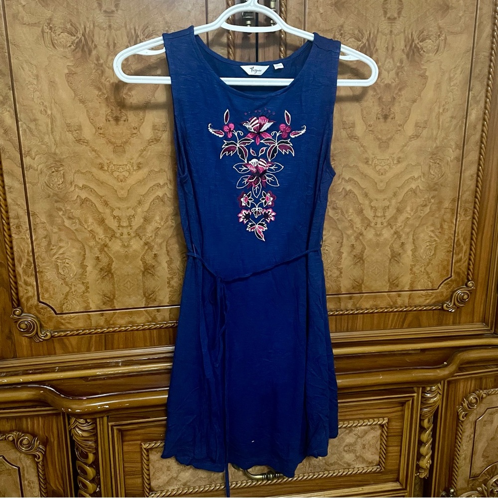 Thyme Maternity Blue Mini Dress with Pink Floral Embroidery